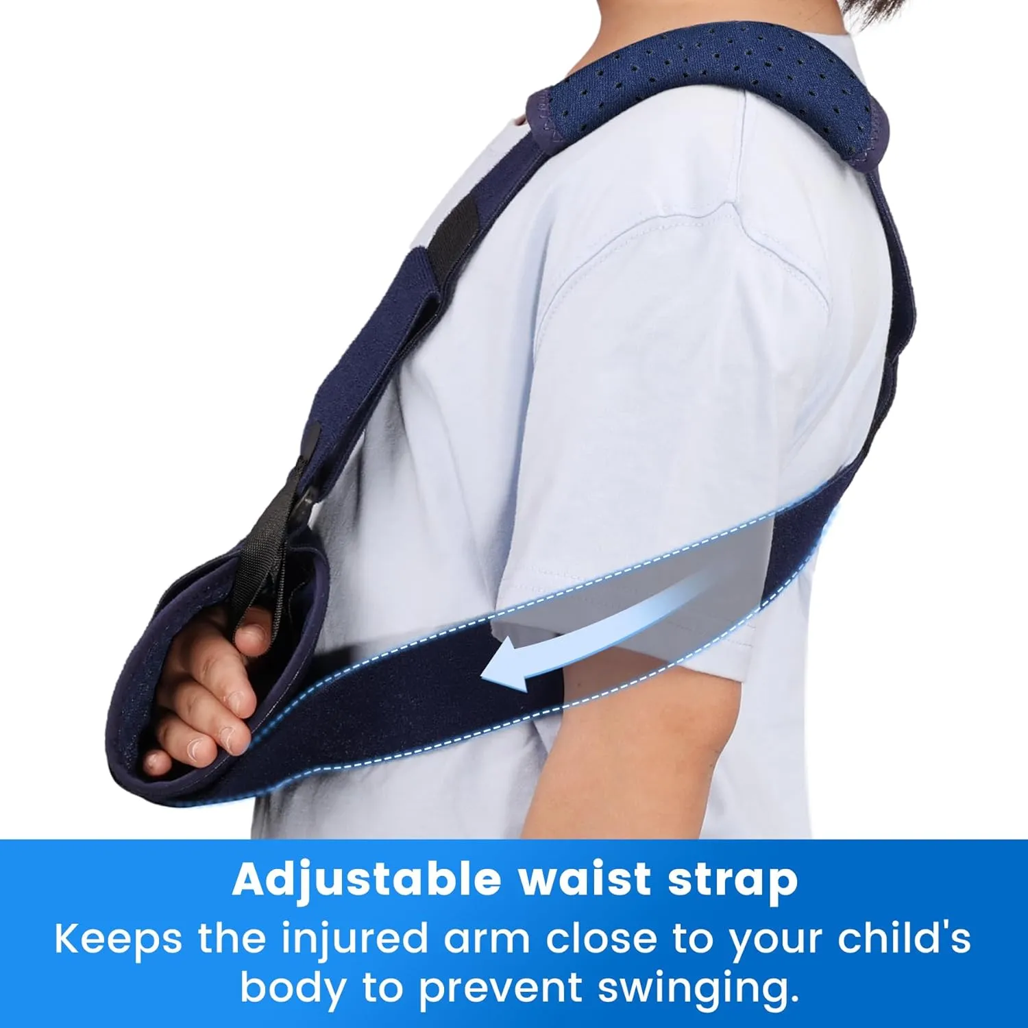 Velpeau Kids Arm Sling Shoulder Immobilizer with Waist Strap, Ventilated & Breathable Design, Arm Support Brace for Children, Boys, Girls (Mesh Version, Blue, Left, XS: Bust 22.5″-26″)