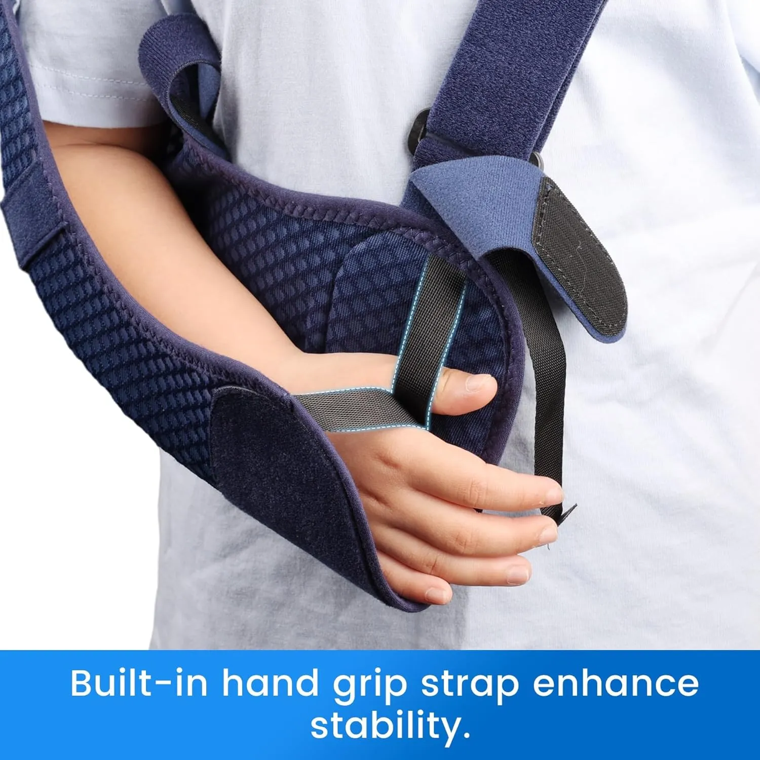 Velpeau Kids Arm Sling Shoulder Immobilizer with Waist Strap, Ventilated & Breathable Design, Arm Support Brace for Children, Boys, Girls (Mesh Version, Blue, Left, XS: Bust 22.5″-26″)