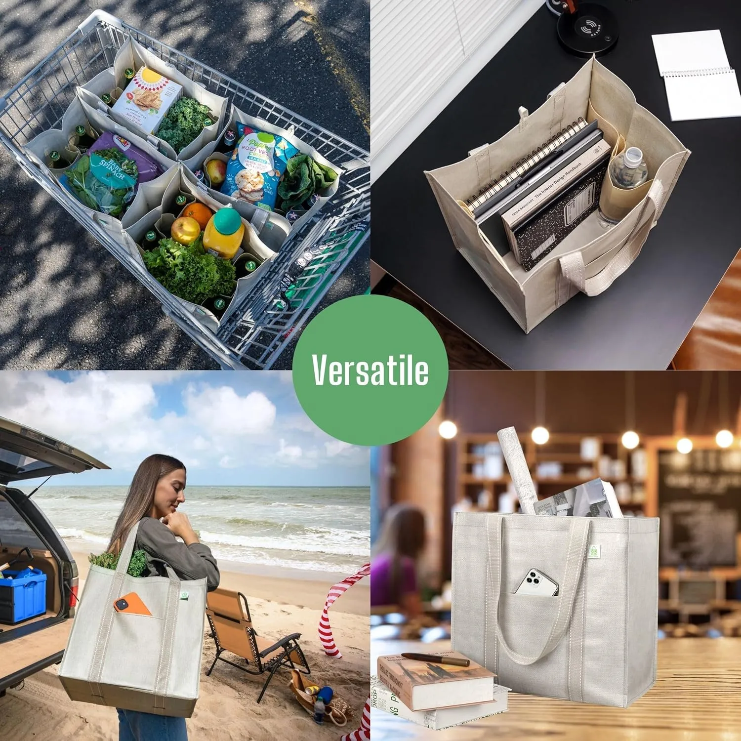 VENO 4 Pack Large Reusable Grocery Shopping Bags, Tote Bag w/ 4 Pockets & Hard Bottom, Heavy Duty Wine Carrier -Beige