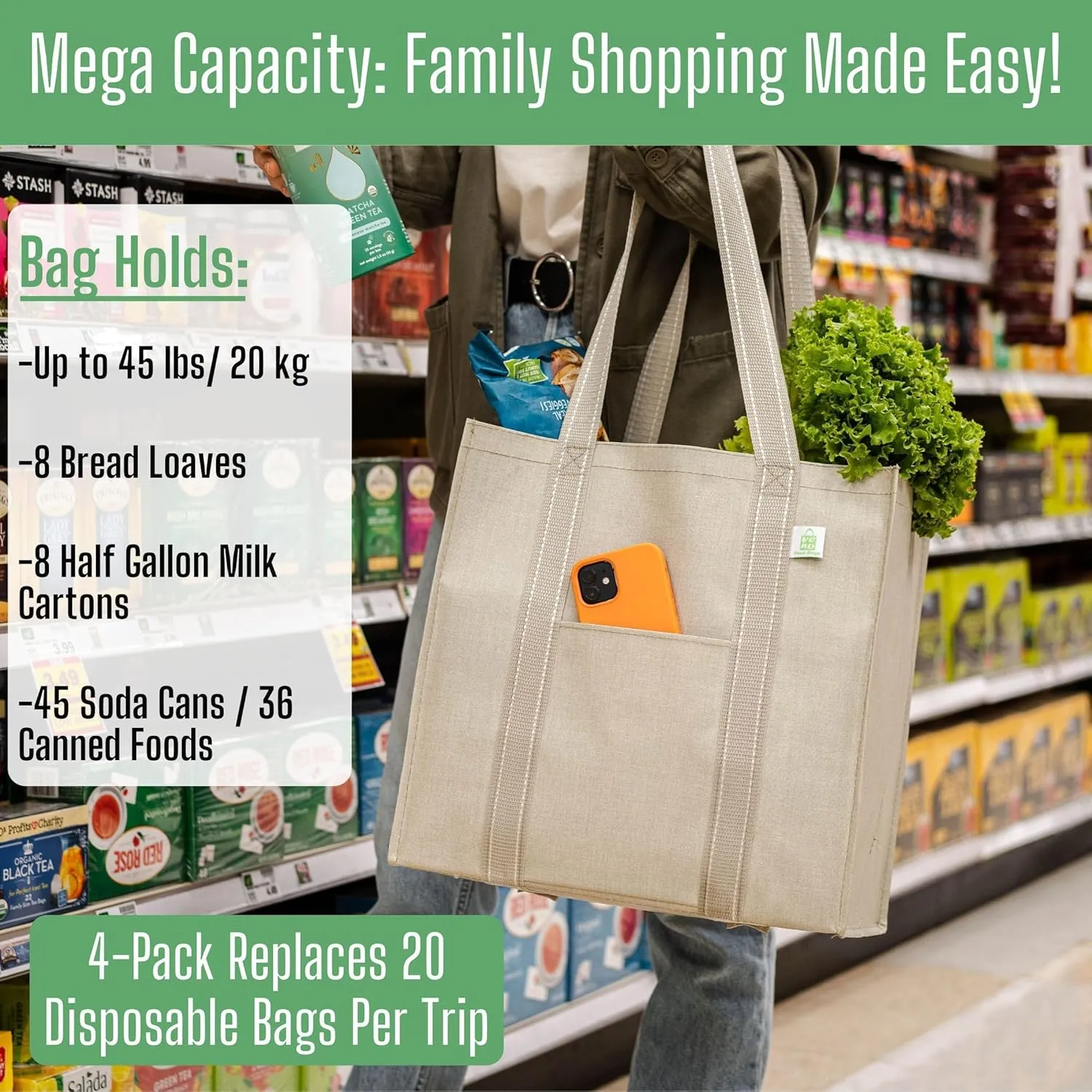 VENO 4 Pack Large Reusable Grocery Shopping Bags, Tote Bag w/ 4 Pockets & Hard Bottom, Heavy Duty Wine Carrier -Beige