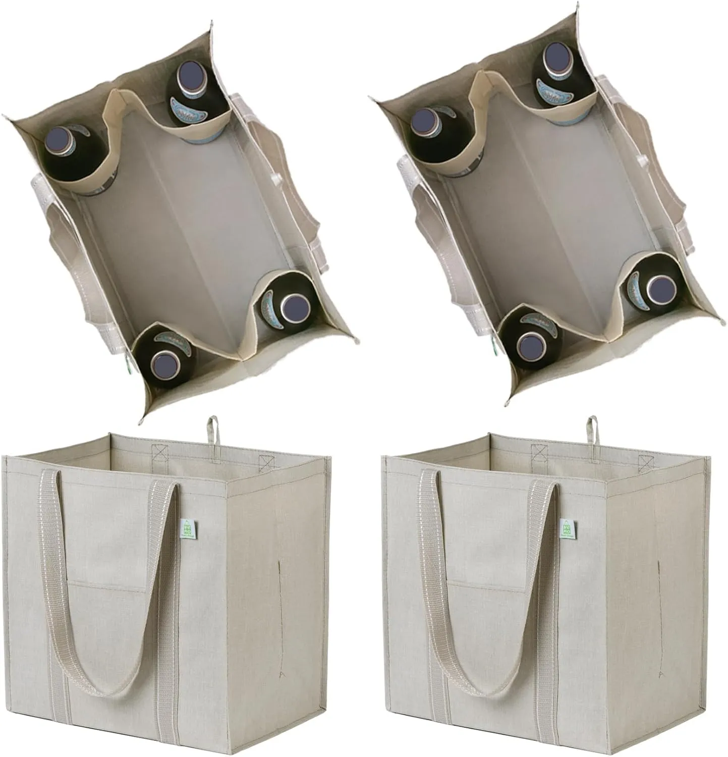 VENO 4 Pack Large Reusable Grocery Shopping Bags, Tote Bag w/ 4 Pockets & Hard Bottom, Heavy Duty Wine Carrier -Beige
