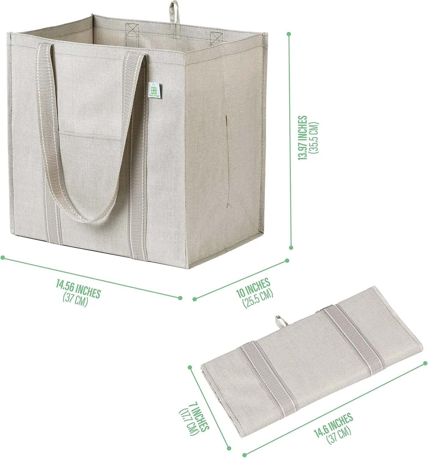 VENO 4 Pack Large Reusable Grocery Shopping Bags, Tote Bag w/ 4 Pockets & Hard Bottom, Heavy Duty Wine Carrier -Beige