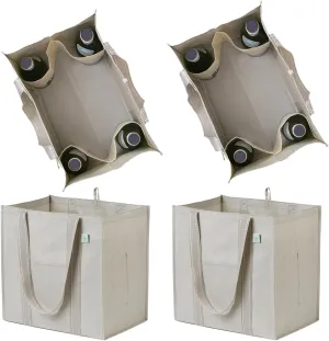 VENO 4 Pack Large Reusable Grocery Shopping Bags, Tote Bag w/ 4 Pockets & Hard Bottom, Heavy Duty Wine Carrier -Beige