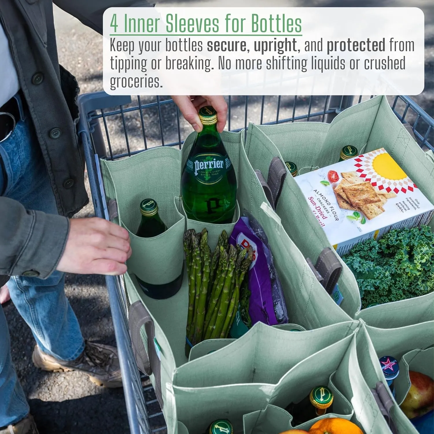 VENO 4 Pack Large Reusable Grocery Shopping Bags, Tote Bag w/ 4 Pockets & Hard Bottom, Heavy Duty Wine Carrier - Green