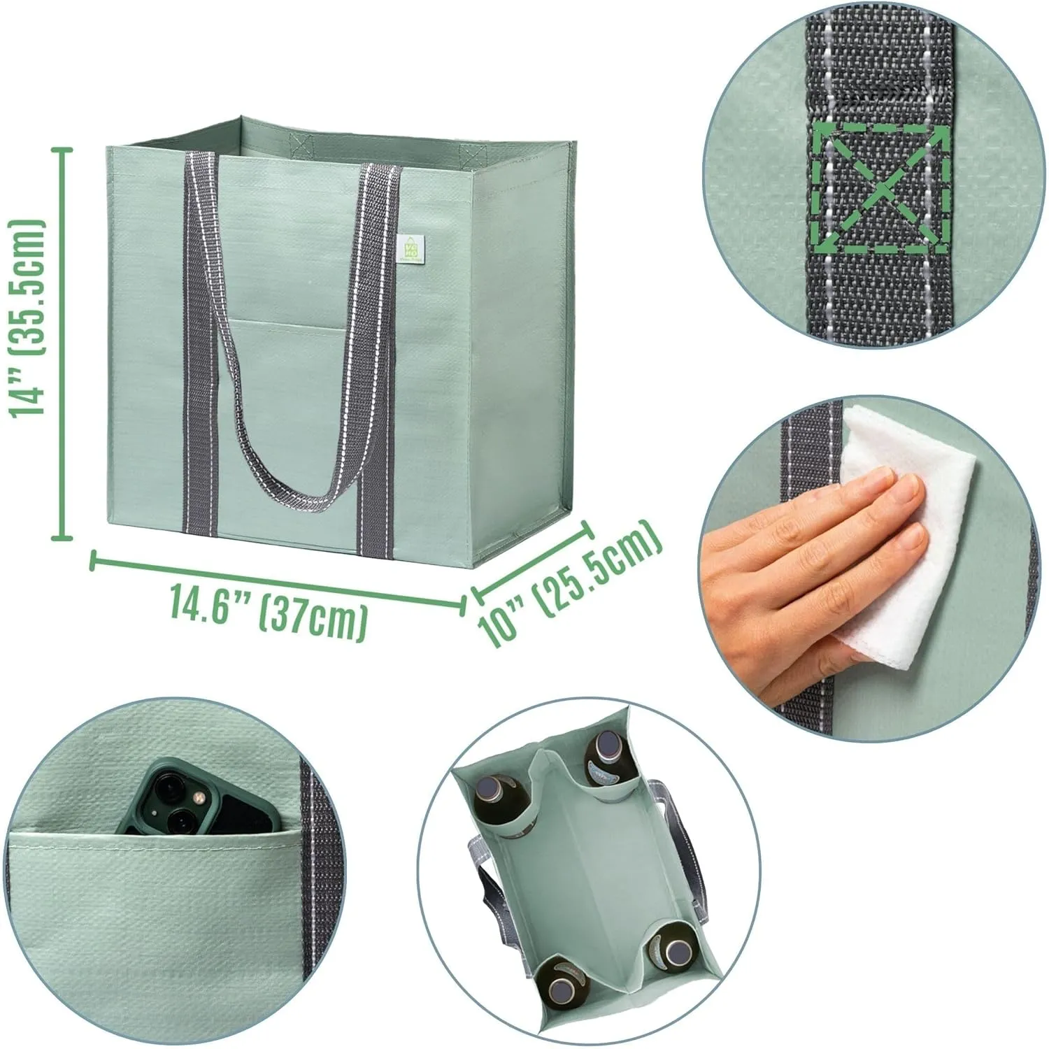 VENO 4 Pack Large Reusable Grocery Shopping Bags, Tote Bag w/ 4 Pockets & Hard Bottom, Heavy Duty Wine Carrier - Green
