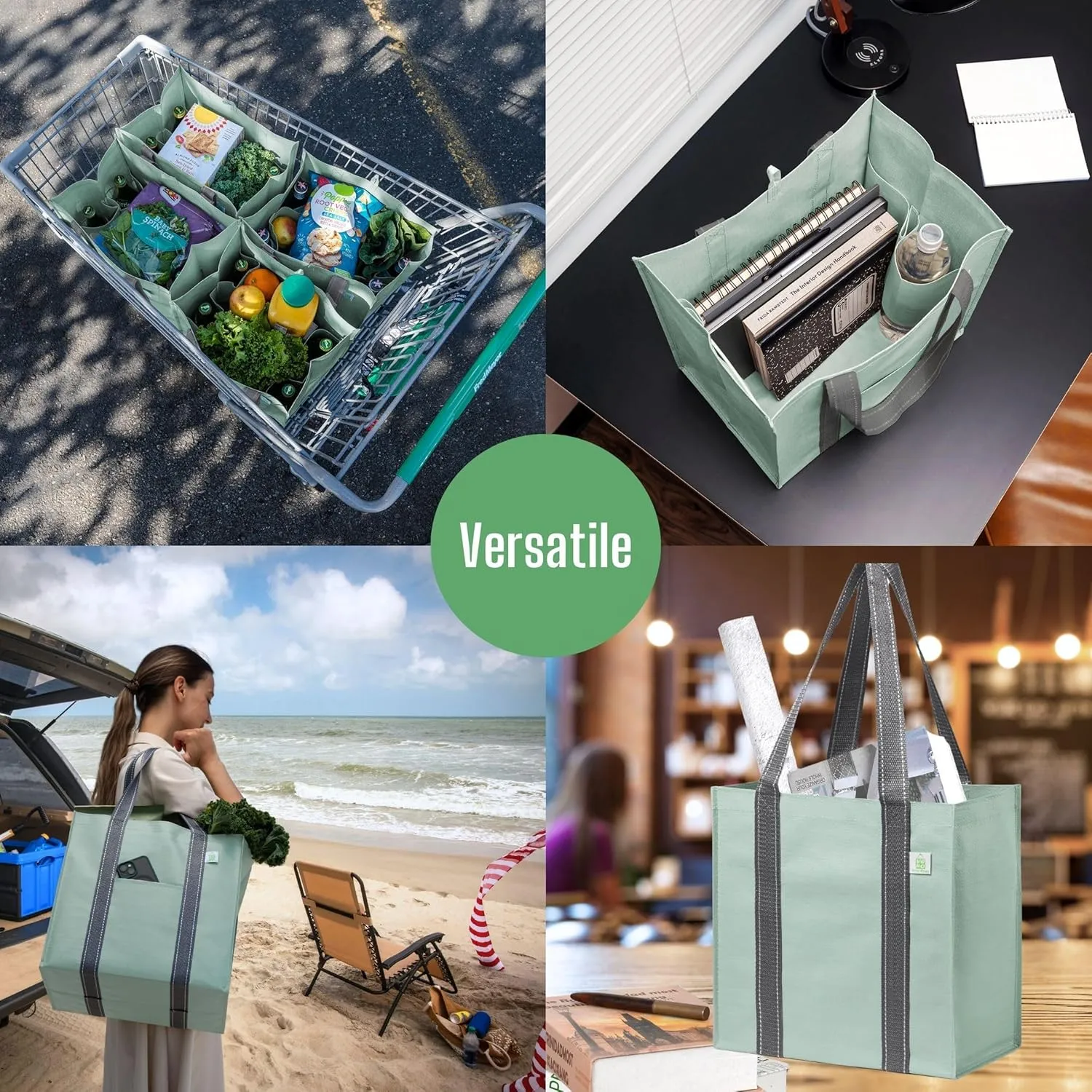 VENO 4 Pack Large Reusable Grocery Shopping Bags, Tote Bag w/ 4 Pockets & Hard Bottom, Heavy Duty Wine Carrier - Green