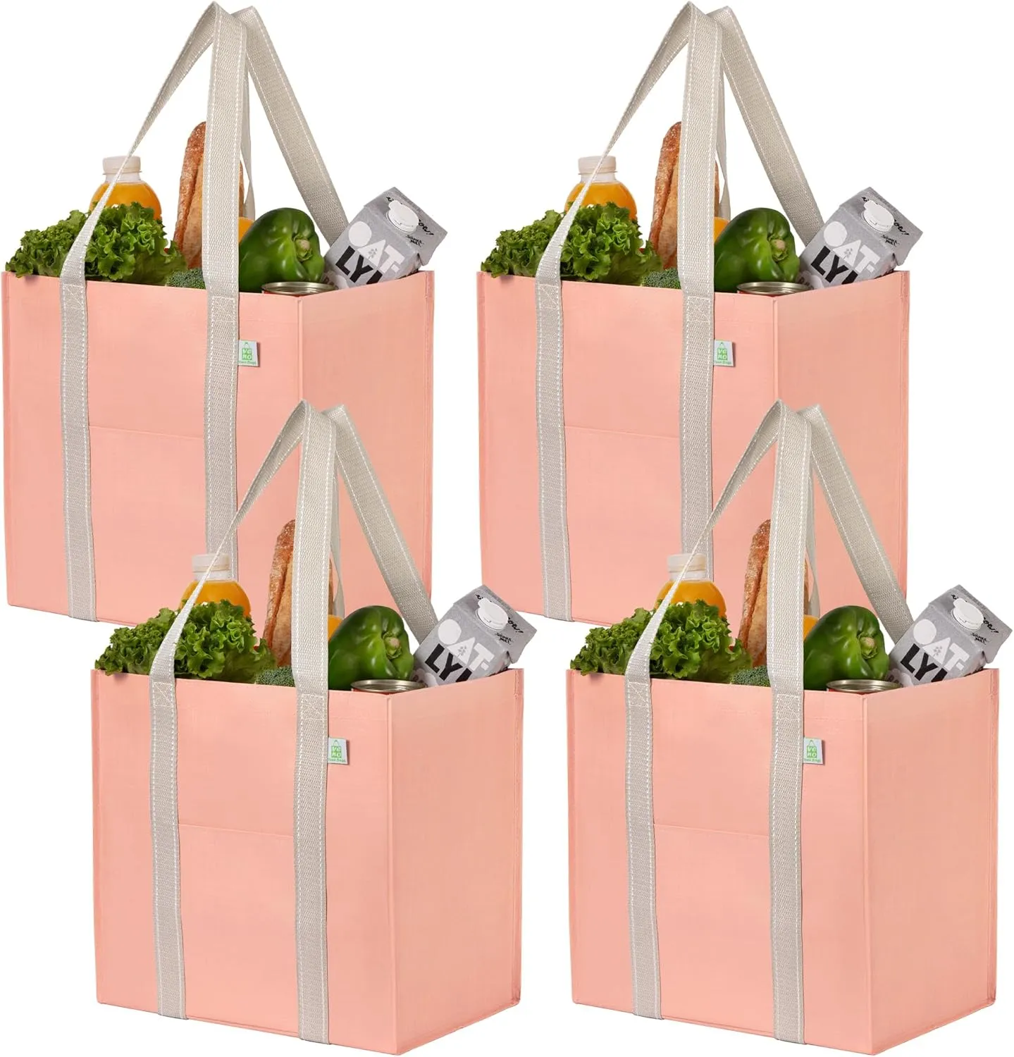 VENO 4 Pack Reusable Grocery Bags, Heavy-Duty Shopping Bags with Handles and Hard Bottom to Stand Upright, Foldable, Multi-Purpose, Sustainable (Peach Pink, 4 Pack)