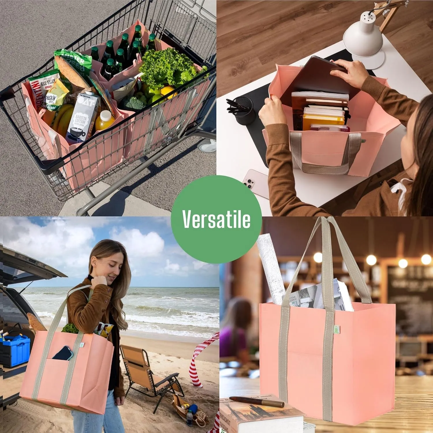 VENO 4 Pack Reusable Grocery Bags, Heavy-Duty Shopping Bags with Handles and Hard Bottom to Stand Upright, Foldable, Multi-Purpose, Sustainable (Peach Pink, 4 Pack)