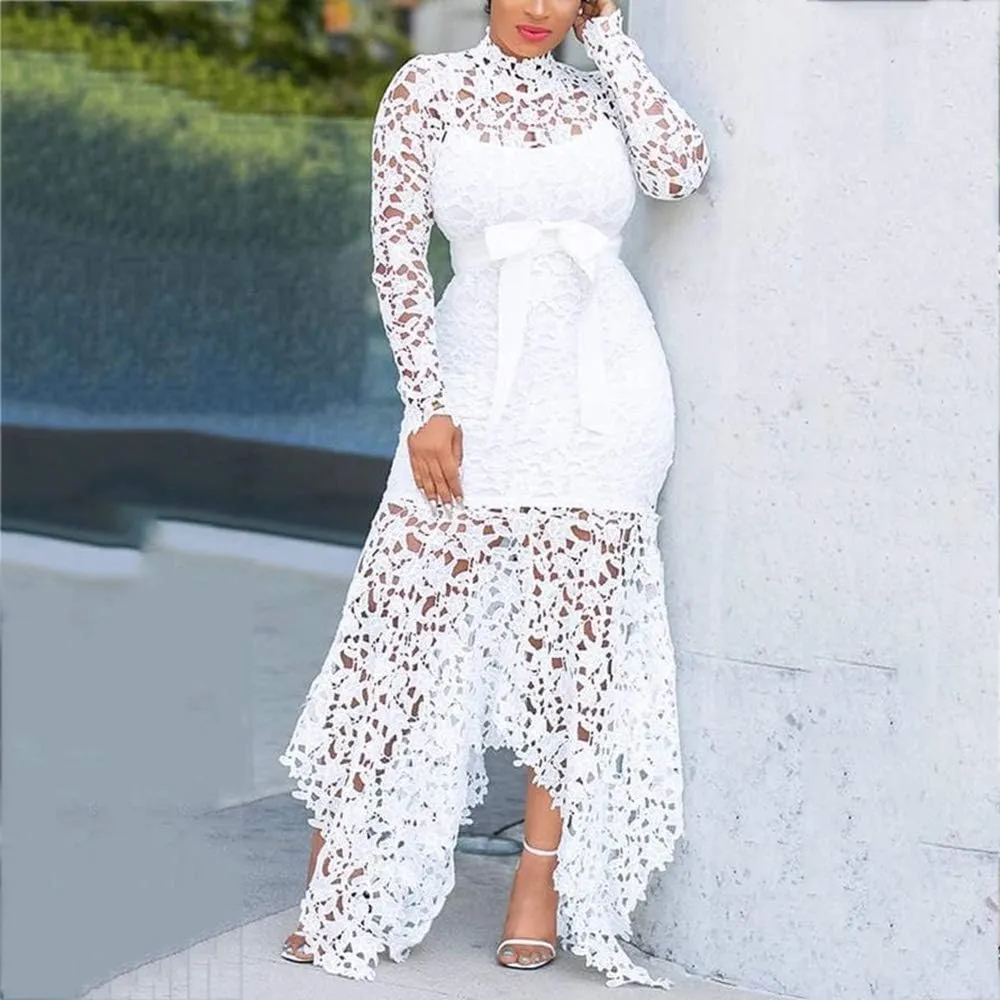 VERWIN Hollow Floor-Length Lace-Up Asymmetrical Women's Maxi Dress Sexy Lace Dress Party Evening Dress
