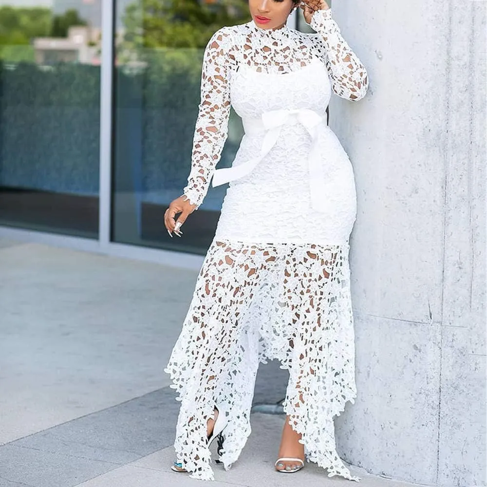 VERWIN Hollow Floor-Length Lace-Up Asymmetrical Women's Maxi Dress Sexy Lace Dress Party Evening Dress