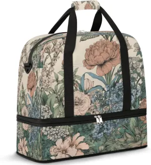 Vintage Garden Illustration Travel Duffel Bag, Travel Essentials, Gym Bag for Women, Weekender Overnight Bag With Shoes Compartment, Carry On Bags for Airplanes