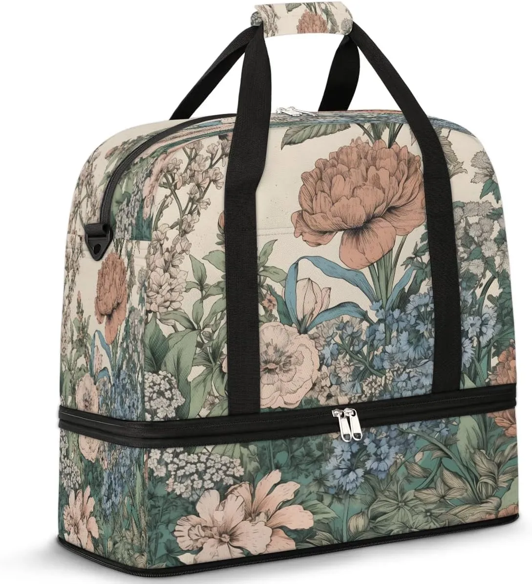 Vintage Garden Illustration Travel Duffel Bag, Travel Essentials, Gym Bag for Women, Weekender Overnight Bag With Shoes Compartment, Carry On Bags for Airplanes
