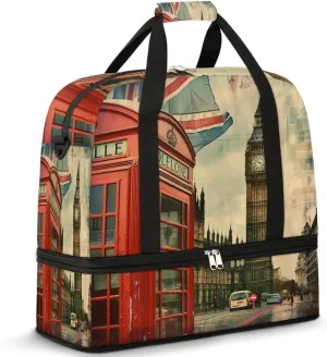 Vintage London Travel Duffel Bag for Women Men, Sports Gym Bag with Shoes Compartment Union Jack Foldable Overnight Bag Weekender Tote Workout Carry On Luggage Bag