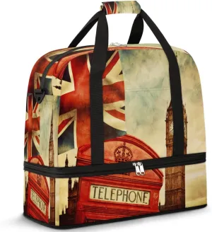 Vintage London Travel Duffel Bag for Women Men, Union Jack Sports Gym Bag with Shoes Compartment Foldable Overnight Bag Weekender Tote Workout Carry On Luggage Bag