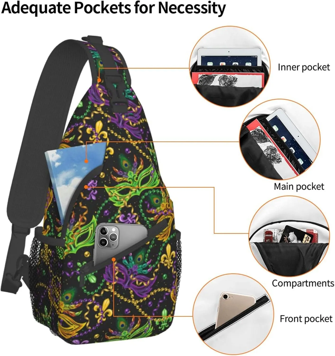 Vintage Masks Mardi gras Chest Crossbody Multipurpose Crossbody Sling Backpack Premium Chest Crossbody Casual Crossbody Bags Daypack