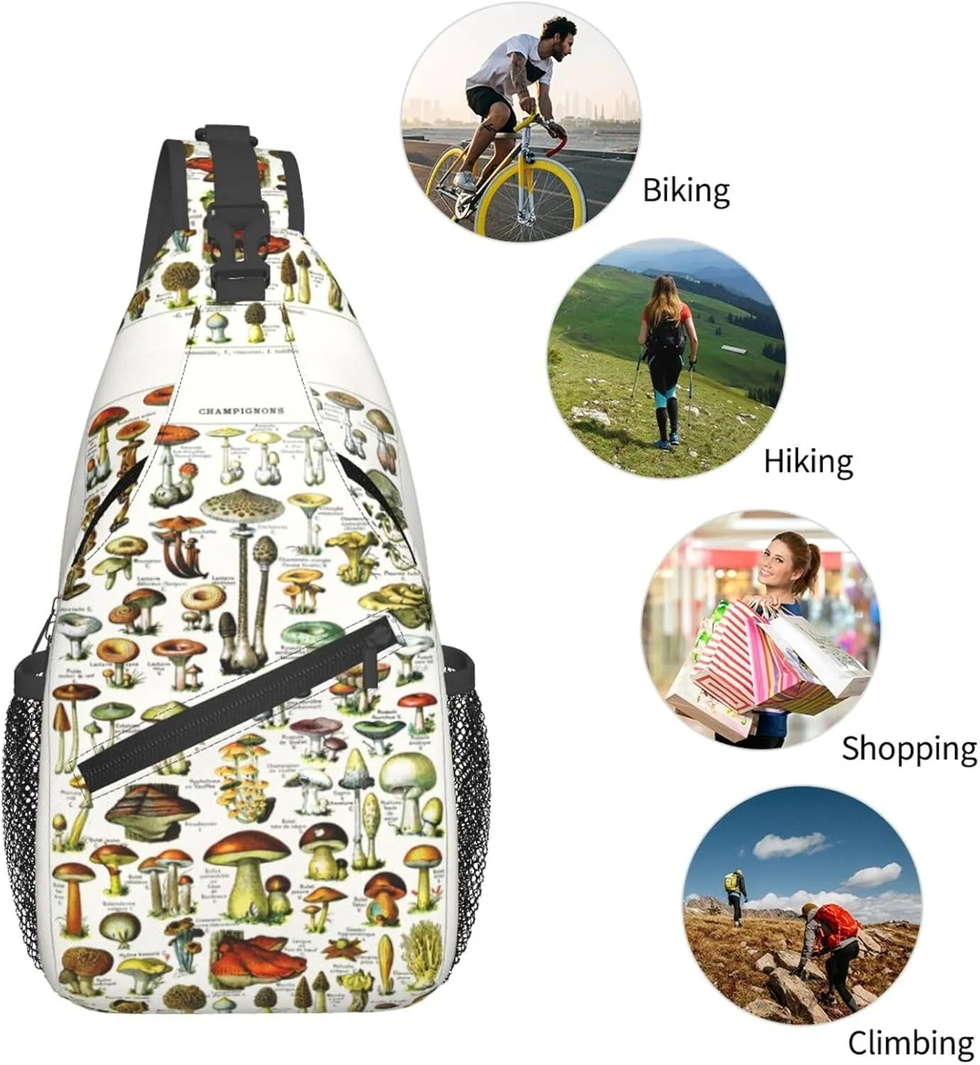 Vintage Mushroom Identification Reference Chart Chest Sling Bag Crossbody Shoulder Backpack Bag Gym Cycling Daypack Travel Hiking Cross Bag