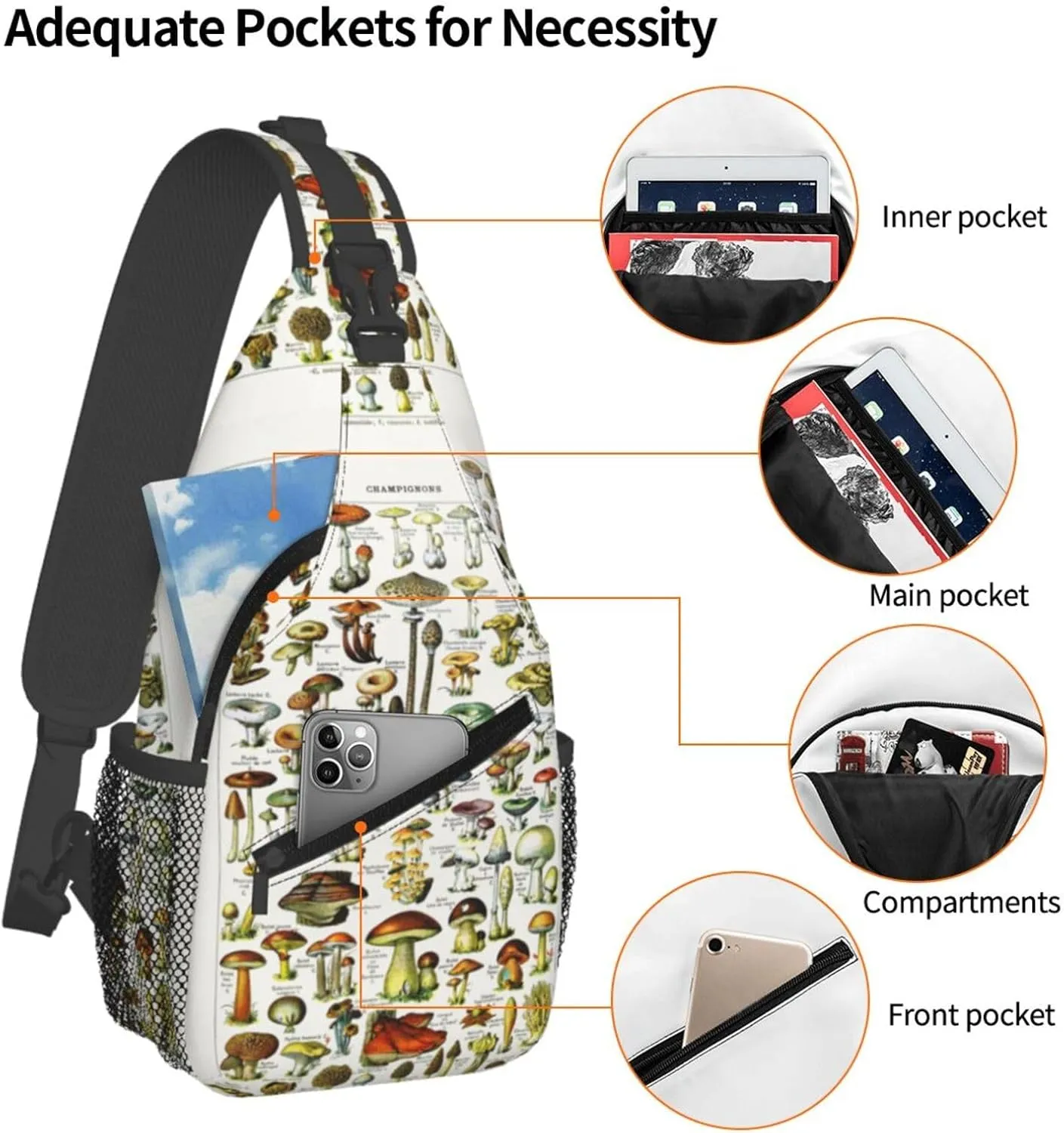 Vintage Mushroom Identification Reference Chart Chest Sling Bag Crossbody Shoulder Backpack Bag Gym Cycling Daypack Travel Hiking Cross Bag
