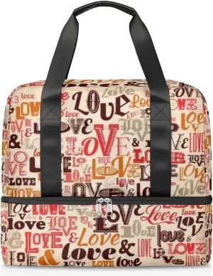 Vinyl Wall Murals Romantic Love Travel Bag Double Tier Zip Closure Weekender Bag with Leather Handle Waterproof Sports Tote Gym Bag for Swim Beach Gym Yoga