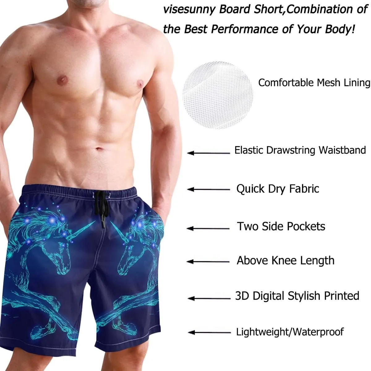 visesunny Fashion Funny Style Men's Beach Shorts Swim Trunks Quick Dry Casual Polyester Swim Shorts with Pockets S-XXL