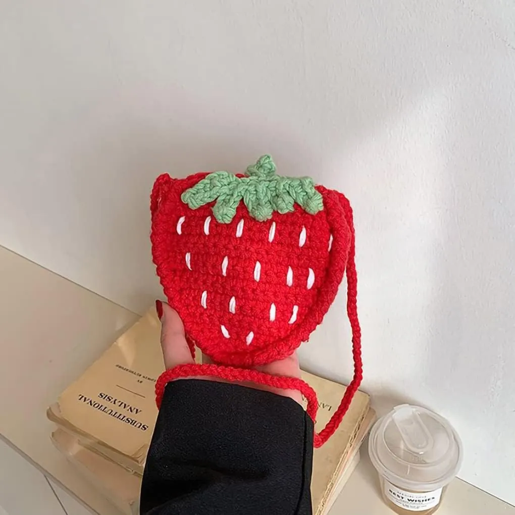 WAIT FLY Cute Strawberry Design Crochet Bag Handmade Knitted Bag Crossbody Bag Mini Shoulder Bag for Girls
