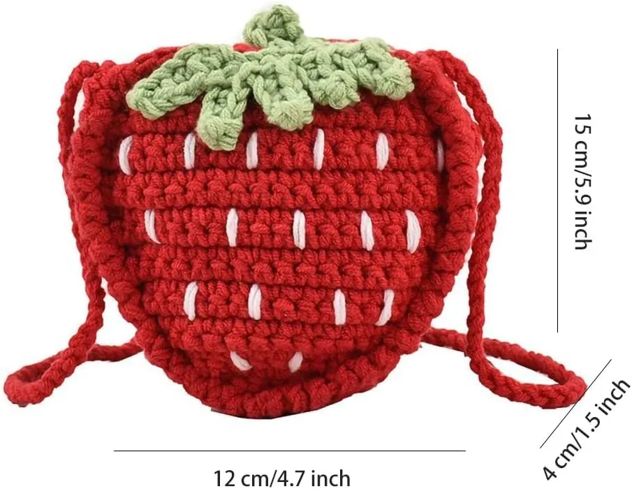 WAIT FLY Cute Strawberry Design Crochet Bag Handmade Knitted Bag Crossbody Bag Mini Shoulder Bag for Girls