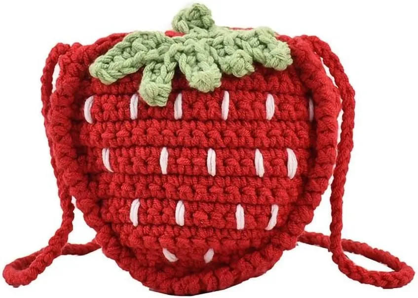 WAIT FLY Cute Strawberry Design Crochet Bag Handmade Knitted Bag Crossbody Bag Mini Shoulder Bag for Girls