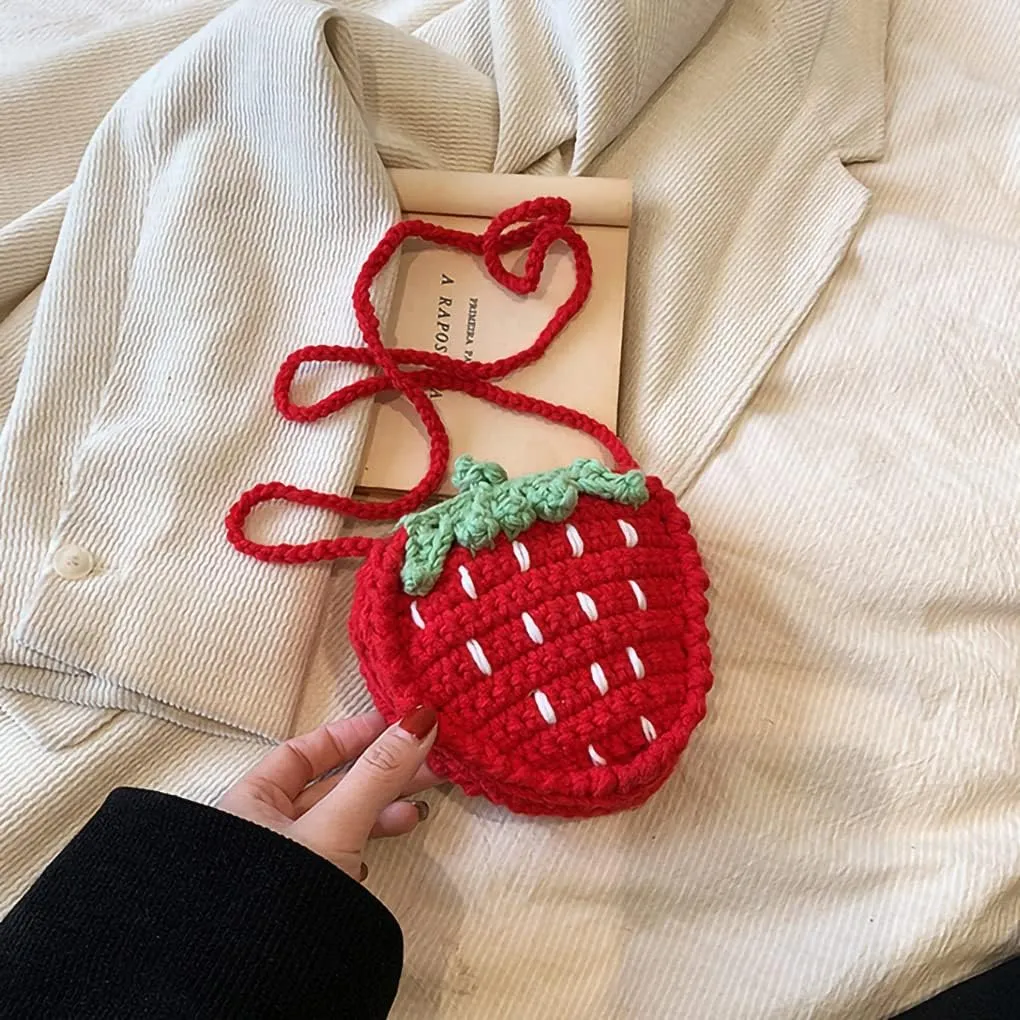 WAIT FLY Cute Strawberry Design Crochet Bag Handmade Knitted Bag Crossbody Bag Mini Shoulder Bag for Girls