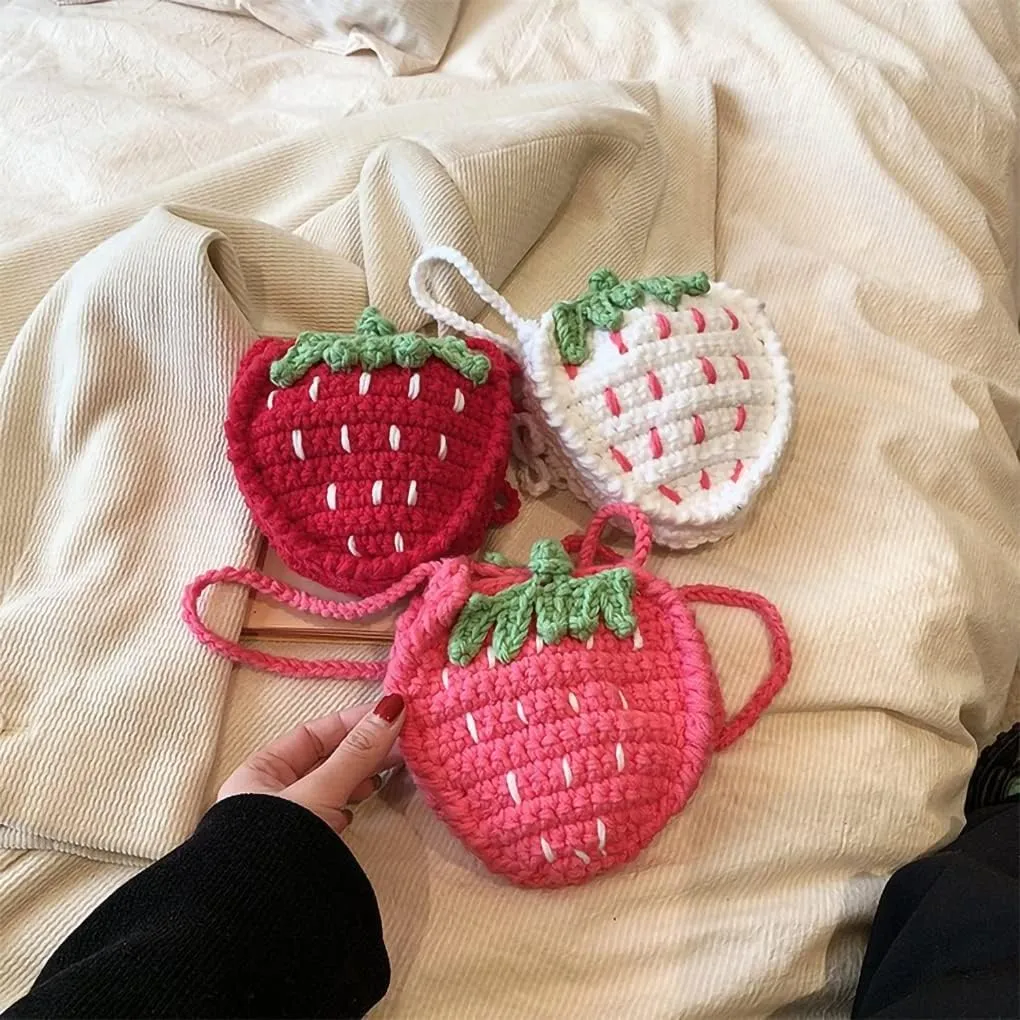 WAIT FLY Cute Strawberry Design Crochet Bag Handmade Knitted Bag Crossbody Bag Mini Shoulder Bag for Girls