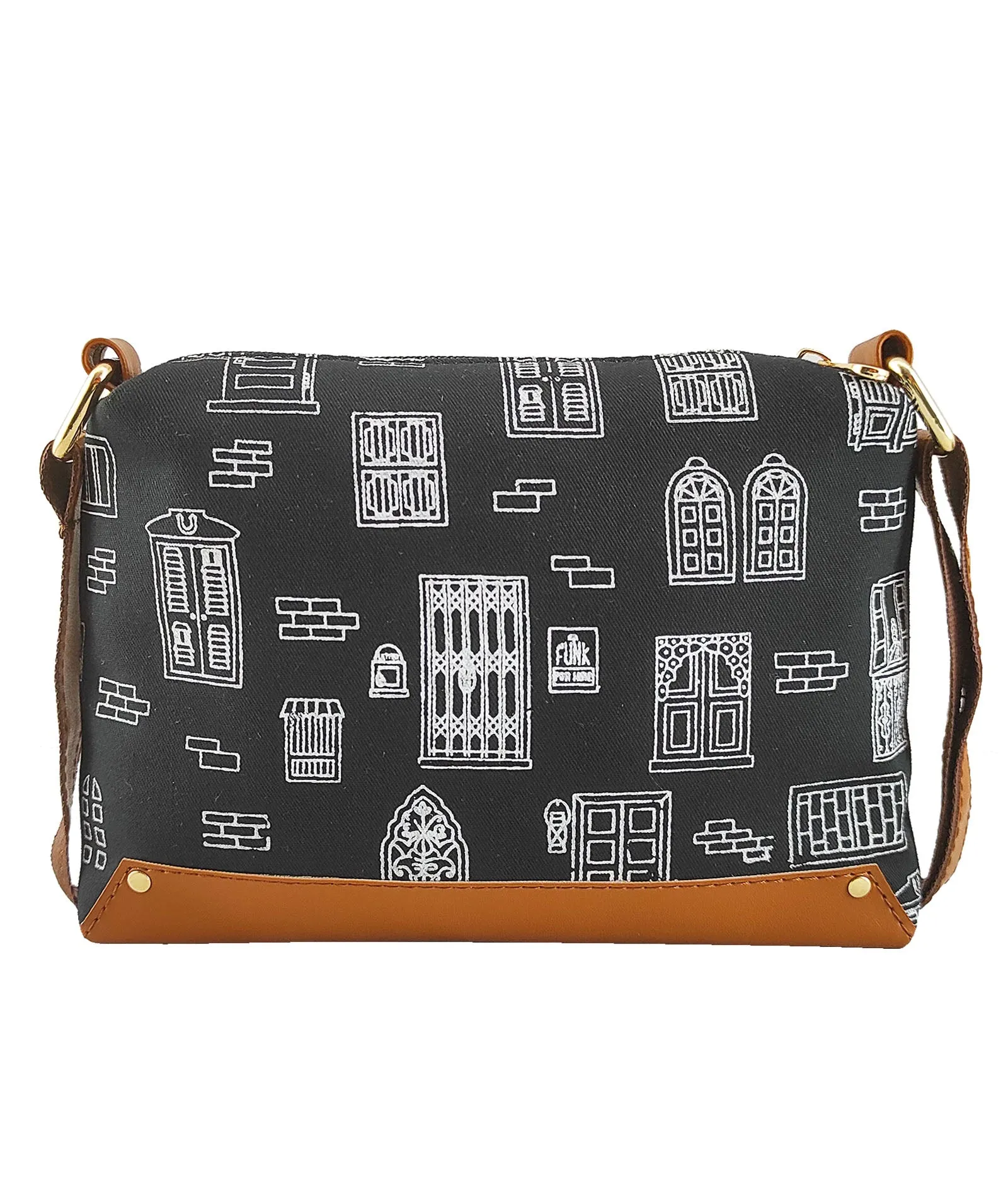 Wall Printed Canvas Box Sling Bag Black
