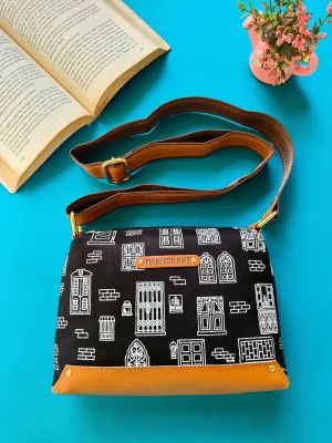 Wall Printed Canvas Box Sling Bag Black