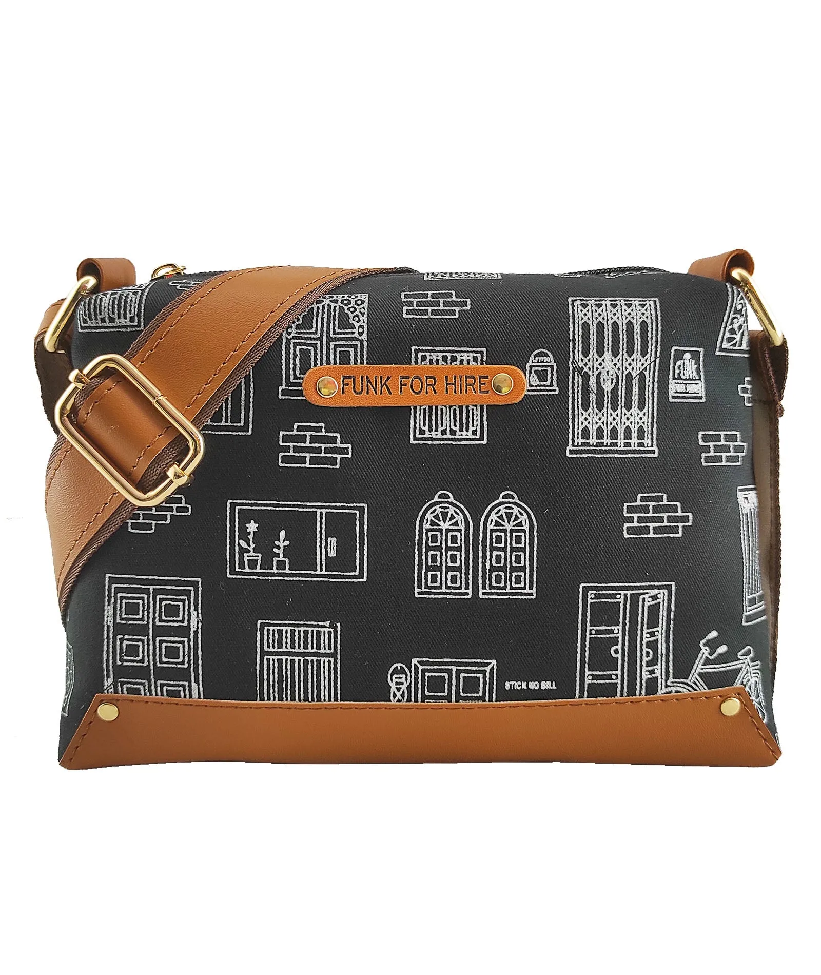 Wall Printed Canvas Box Sling Bag Black