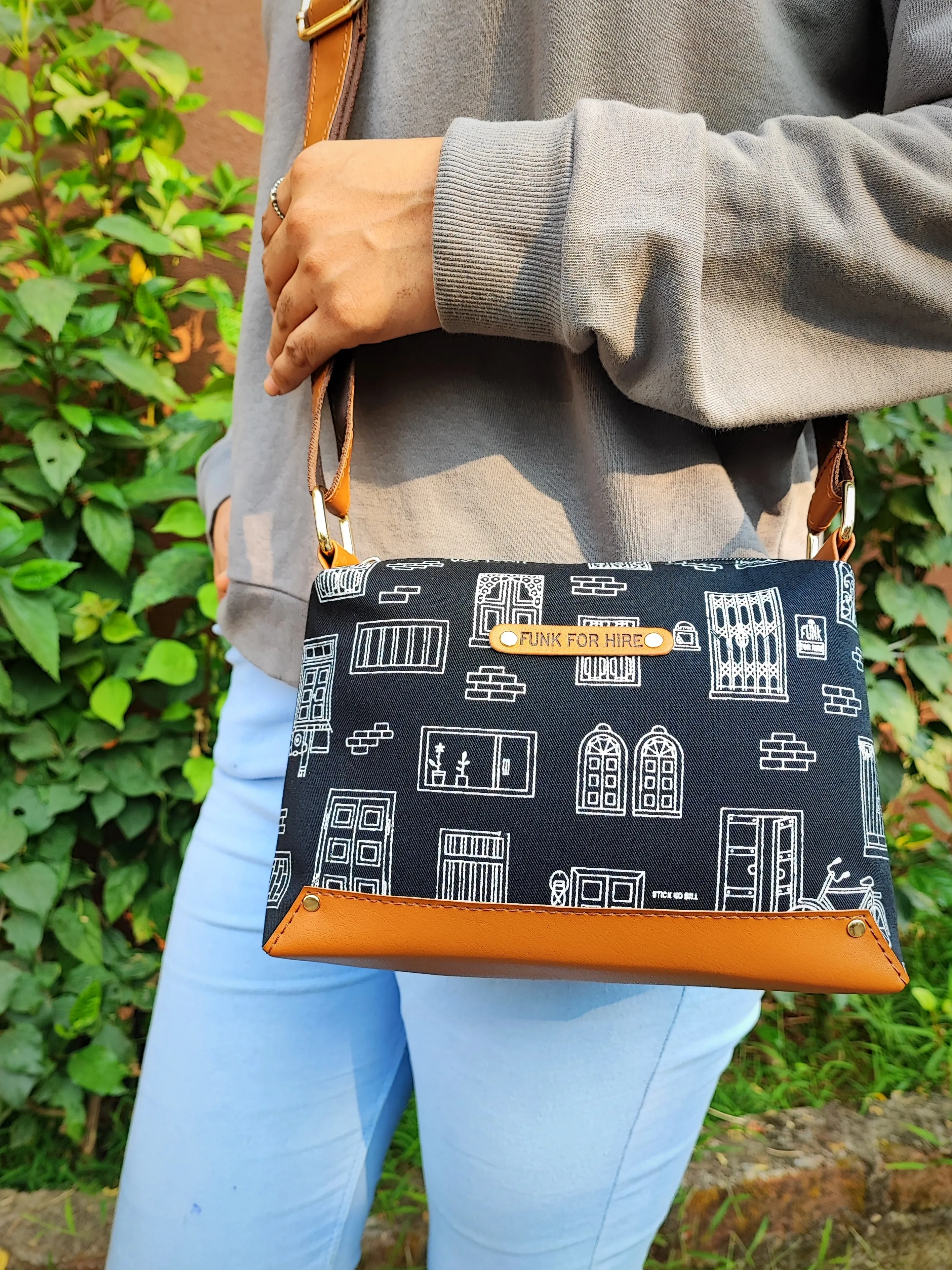 Wall Printed Canvas Box Sling Bag Black