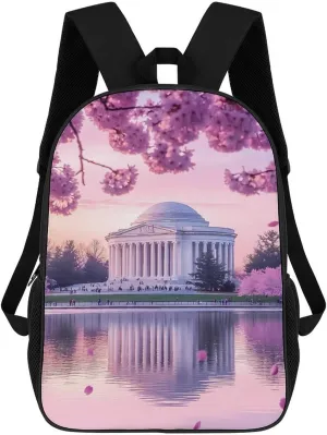 Washington Jefferson Memorial Cherry Flowers Laptop Backpack for Men Women 17 Inch Shoulder Bag Travel Daypack