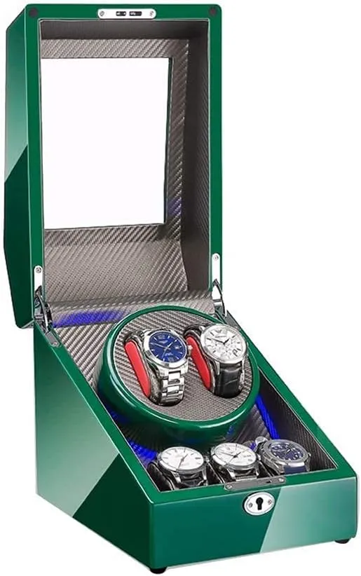 Watch Automatic Watch Winder Box 2 3 with Blue LED Light Green Piano Paint Exterior 4 Rotation Modes Quite Motors