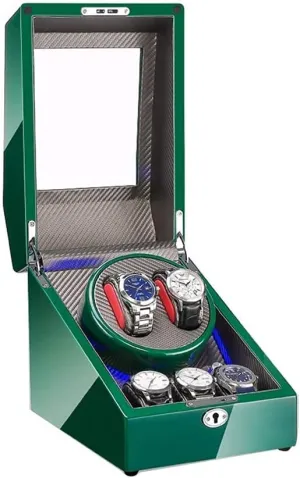 Watch Automatic Watch Winder Box 2 3 with Blue LED Light Green Piano Paint Exterior 4 Rotation Modes Quite Motors