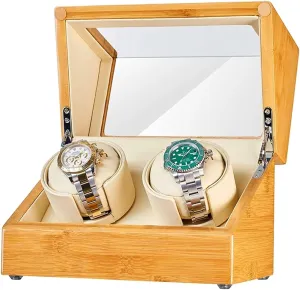 Watch Display Box Double Watch Winder for Automatic Watches Bamboo Wood Shell Quiet Japanese Motor Flexible Watch Pillows Fit Lady and Man Watches (2 0)