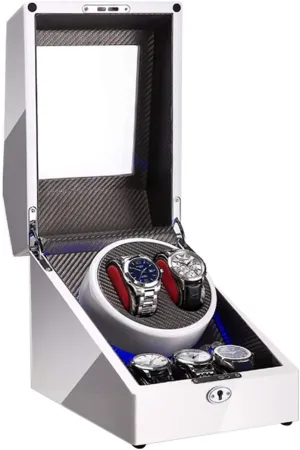 Watches and Jewelry White Watch Winder for 2 Watches   3 Storage, LED Light, Wood Shell Piano Paint Exterior, Quite Moto