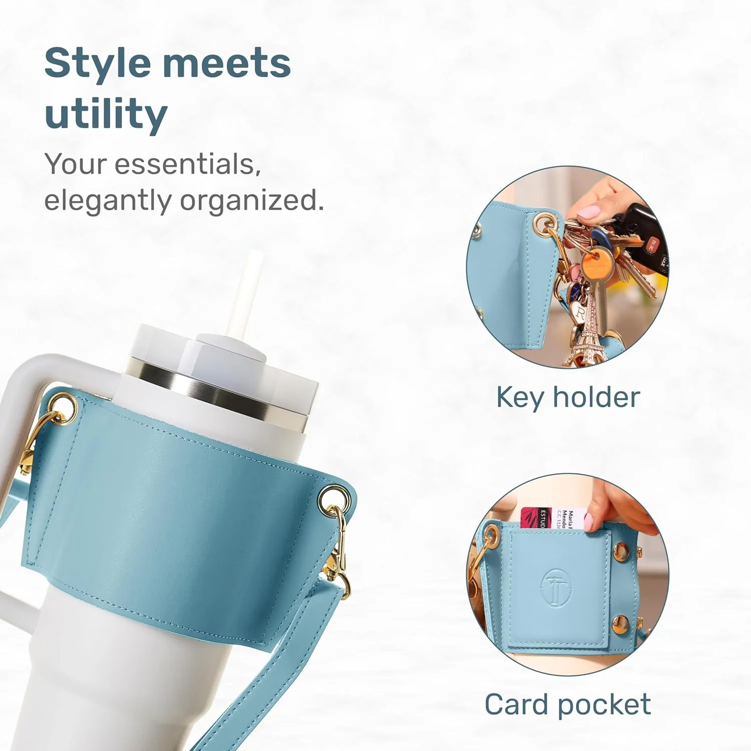 Water Bottle Carrier 30 & 40oz With Strap, Stanley Tumbler Holder, Lip Balm and Credit Card Holder, Key Ring Attachment, Durable Fabric, Hydro Carrier With Storage Pouch (Blue)