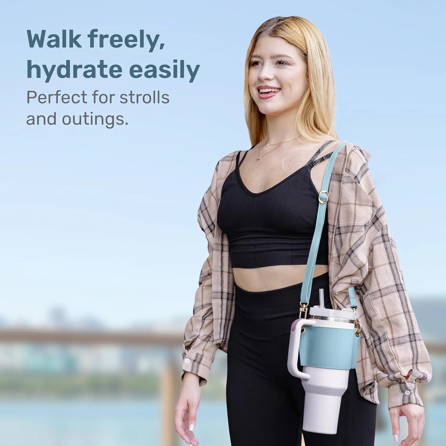 Water Bottle Carrier 30 & 40oz With Strap, Stanley Tumbler Holder, Lip Balm and Credit Card Holder, Key Ring Attachment, Durable Fabric, Hydro Carrier With Storage Pouch (Blue)