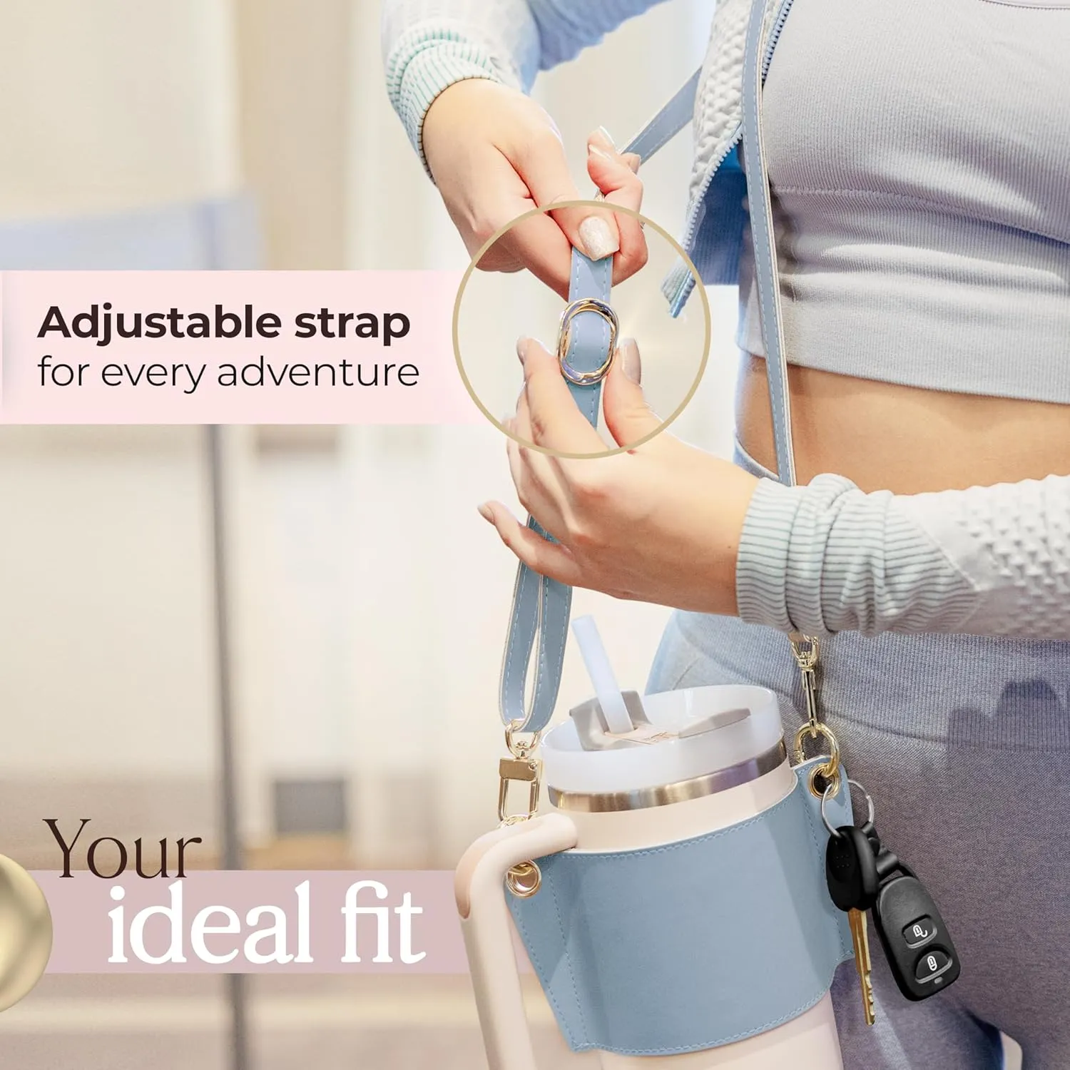Water Bottle Carrier 30 & 40oz With Strap, Stanley Tumbler Holder, Lip Balm and Credit Card Holder, Key Ring Attachment, Durable Fabric, Hydro Carrier With Storage Pouch (Blue)