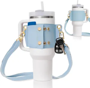 Water Bottle Carrier 30 & 40oz With Strap, Stanley Tumbler Holder, Lip Balm and Credit Card Holder, Key Ring Attachment, Durable Fabric, Hydro Carrier With Storage Pouch (Blue)