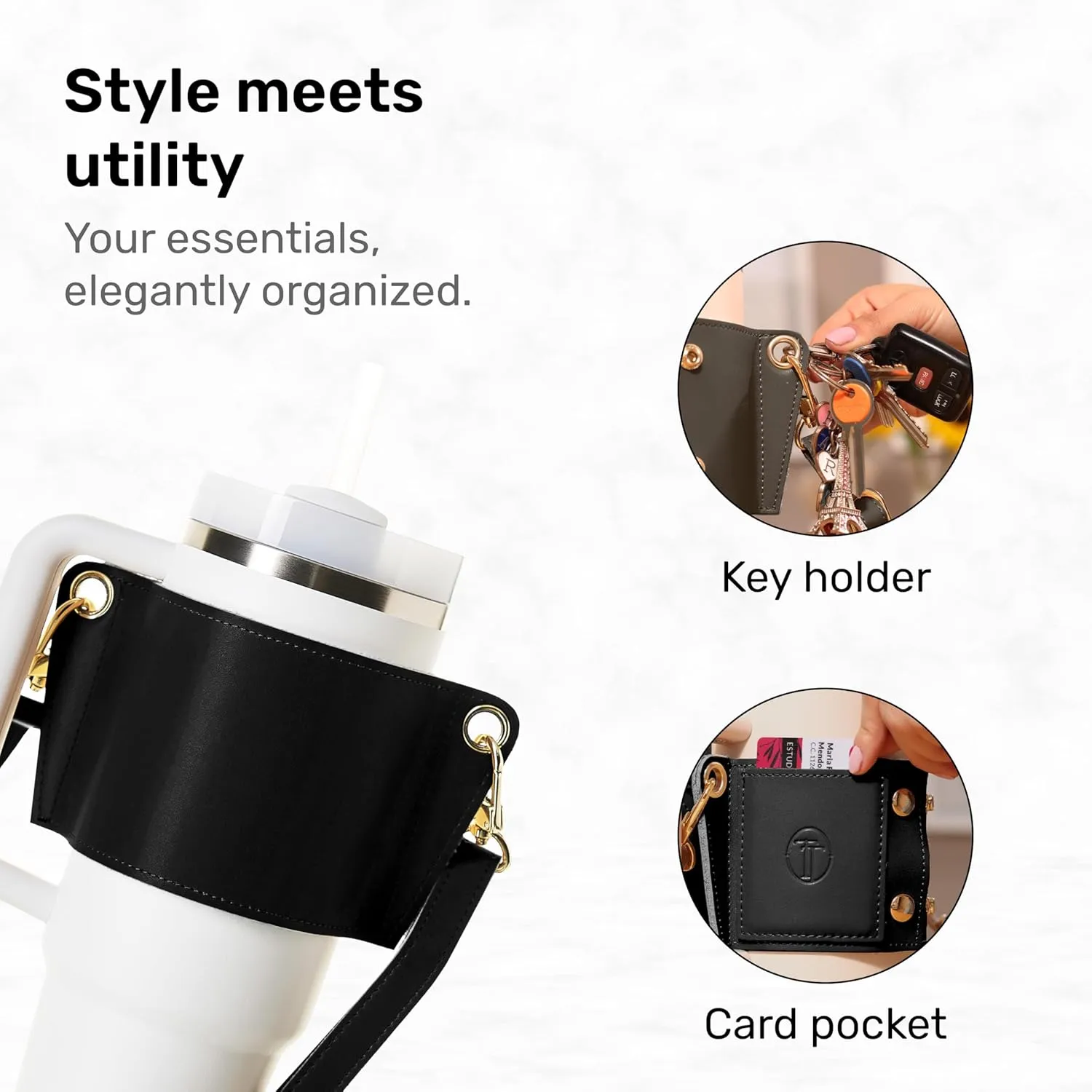 Water Bottle Carrier 30 & 40oz with Strap, Stanley Tumbler Holder, Lip Balm Holder, Key Ring Attachment, Credit Card Holder, Durable Fabric, Hydro Carrier with Storage Pouch (Black)
