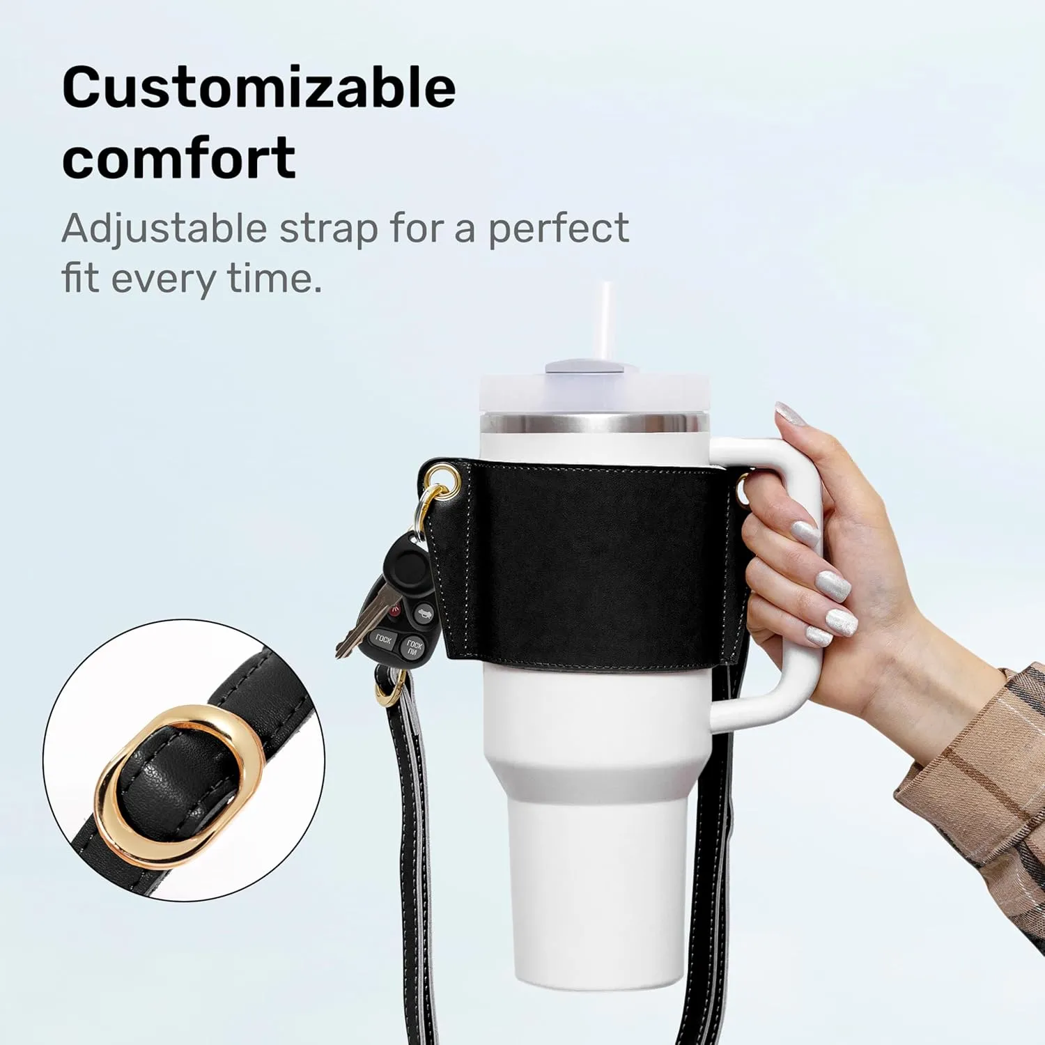 Water Bottle Carrier 30 & 40oz with Strap, Stanley Tumbler Holder, Lip Balm Holder, Key Ring Attachment, Credit Card Holder, Durable Fabric, Hydro Carrier with Storage Pouch (Black)