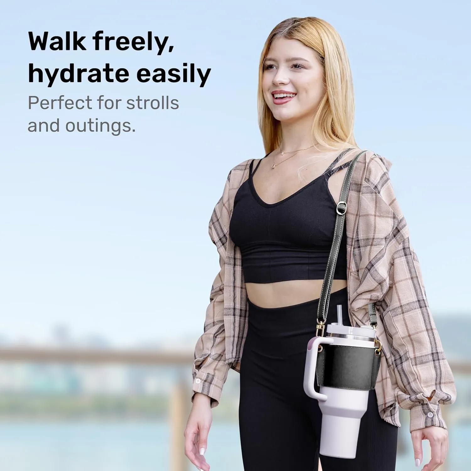 Water Bottle Carrier 30 & 40oz with Strap, Stanley Tumbler Holder, Lip Balm Holder, Key Ring Attachment, Credit Card Holder, Durable Fabric, Hydro Carrier with Storage Pouch (Black)