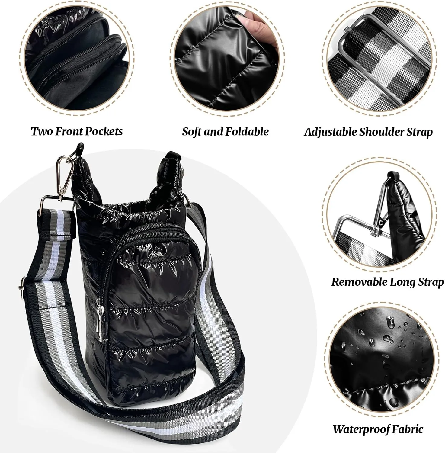 Water Bottle Carrier Bag with Strap | Hydrobag Crossbody Water Bottle Holder | Puffer Quilted Hydrobag with Adjustable Strap