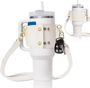 Water Bottle Carrier Strap White Leather Compatible with Stanley 30/40oz Tumbler with Handle, Adjustable Shoulder Strap Credit Card Holder Keyring for Keys for Travel Yoga Workout