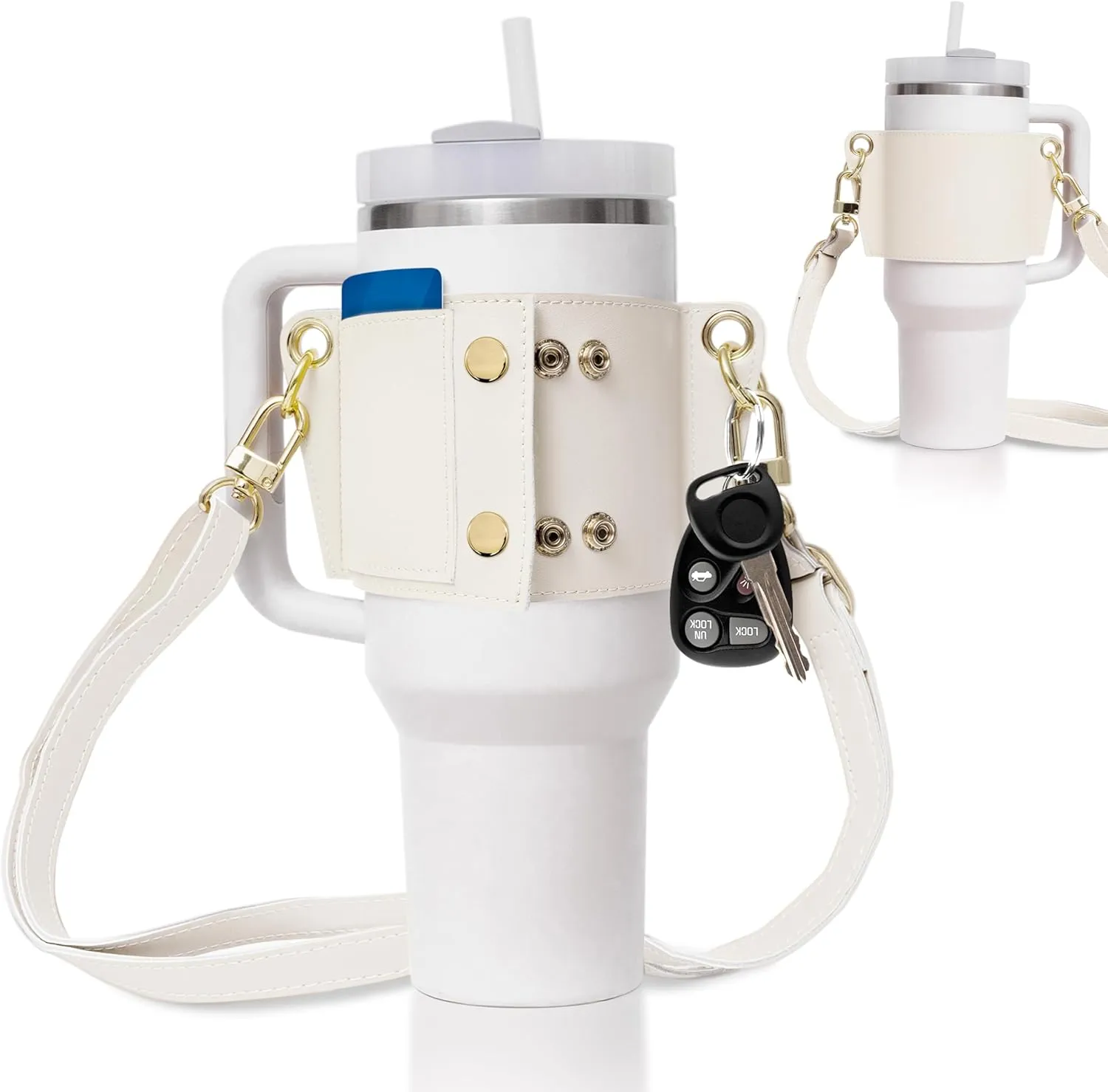 Water Bottle Carrier Strap White Leather Compatible with Stanley 30/40oz Tumbler with Handle, Adjustable Shoulder Strap Credit Card Holder Keyring for Keys for Travel Yoga Workout