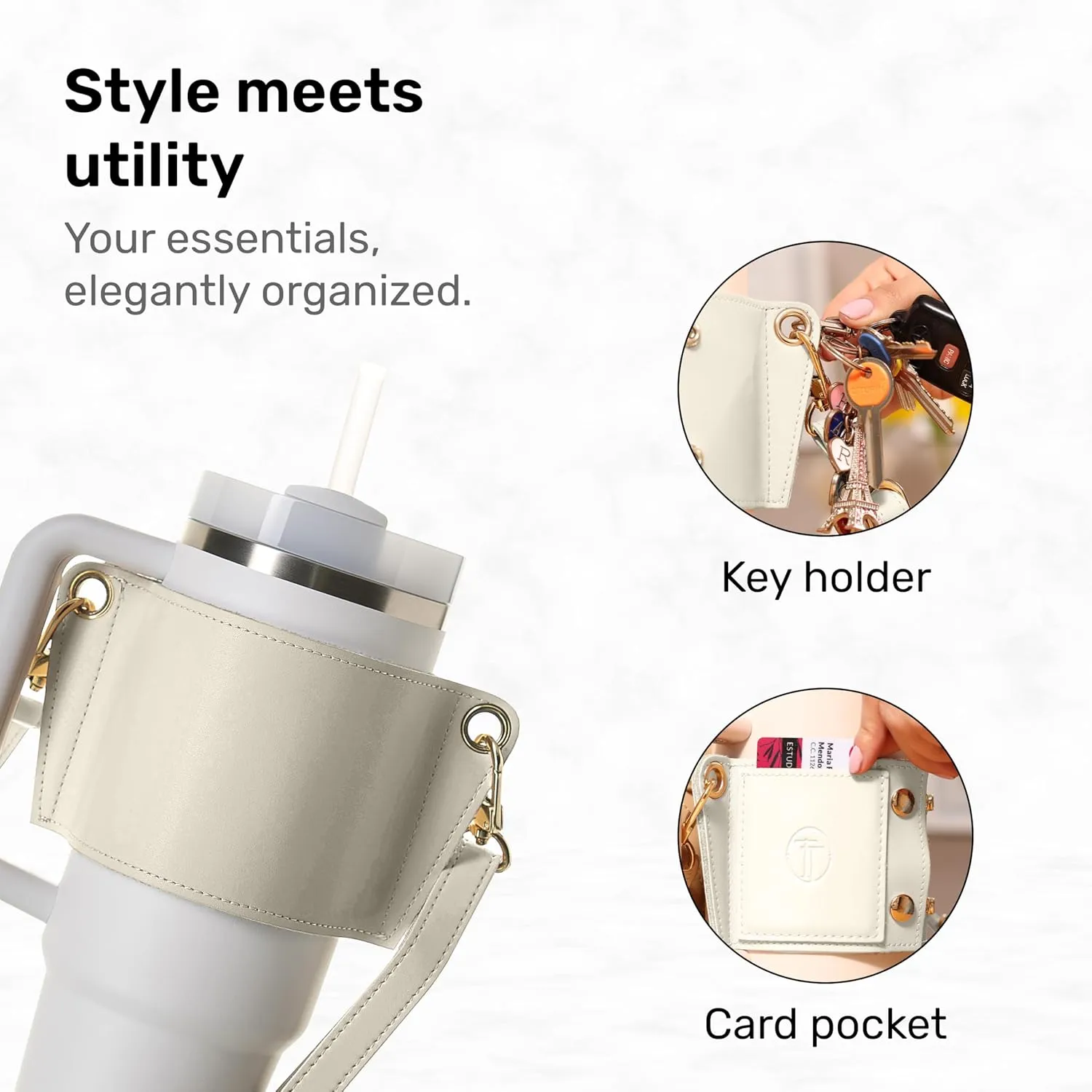 Water Bottle Carrier Strap White Leather Compatible with Stanley 30/40oz Tumbler with Handle, Adjustable Shoulder Strap Credit Card Holder Keyring for Keys for Travel Yoga Workout