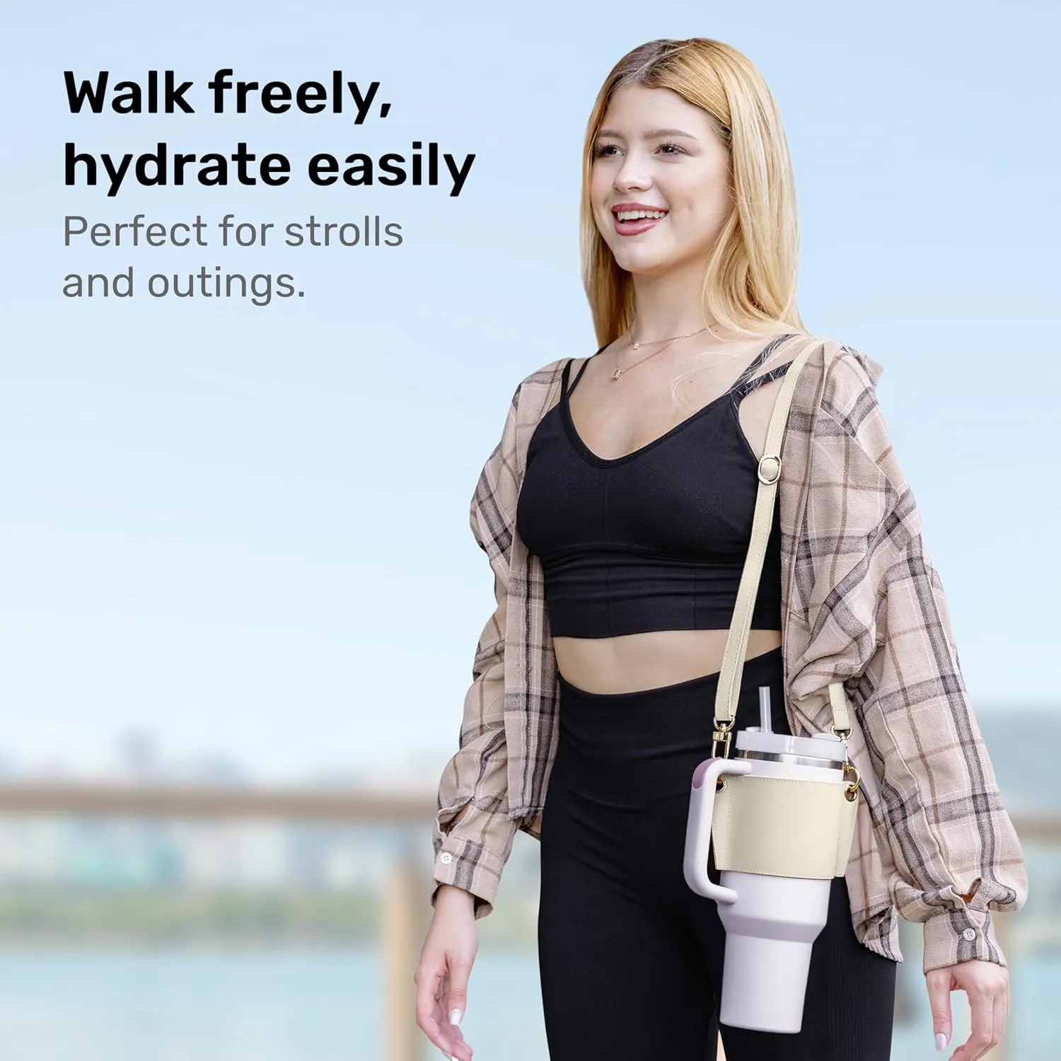 Water Bottle Carrier Strap White Leather Compatible with Stanley 30/40oz Tumbler with Handle, Adjustable Shoulder Strap Credit Card Holder Keyring for Keys for Travel Yoga Workout