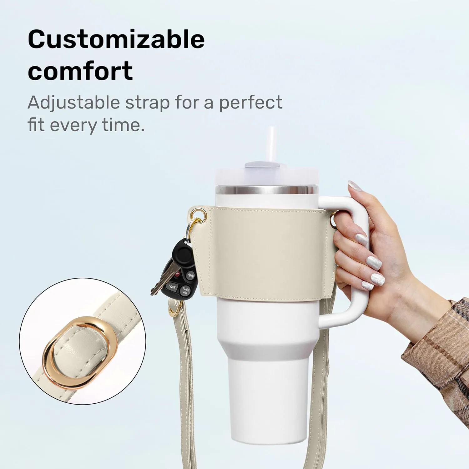 Water Bottle Carrier Strap White Leather Compatible with Stanley 30/40oz Tumbler with Handle, Adjustable Shoulder Strap Credit Card Holder Keyring for Keys for Travel Yoga Workout